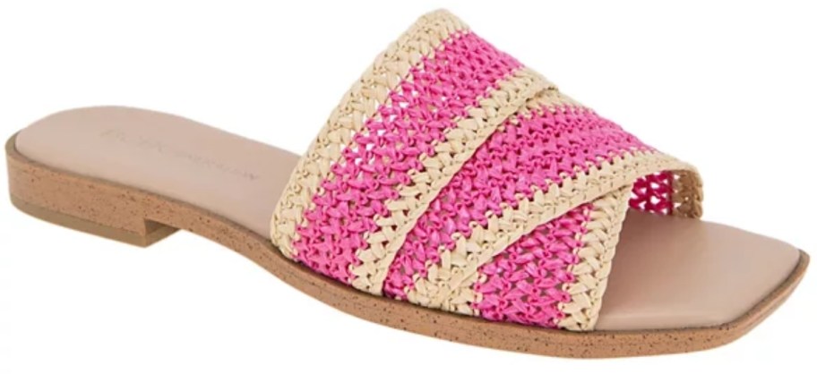 women's pink and tan woven flat slide sandals