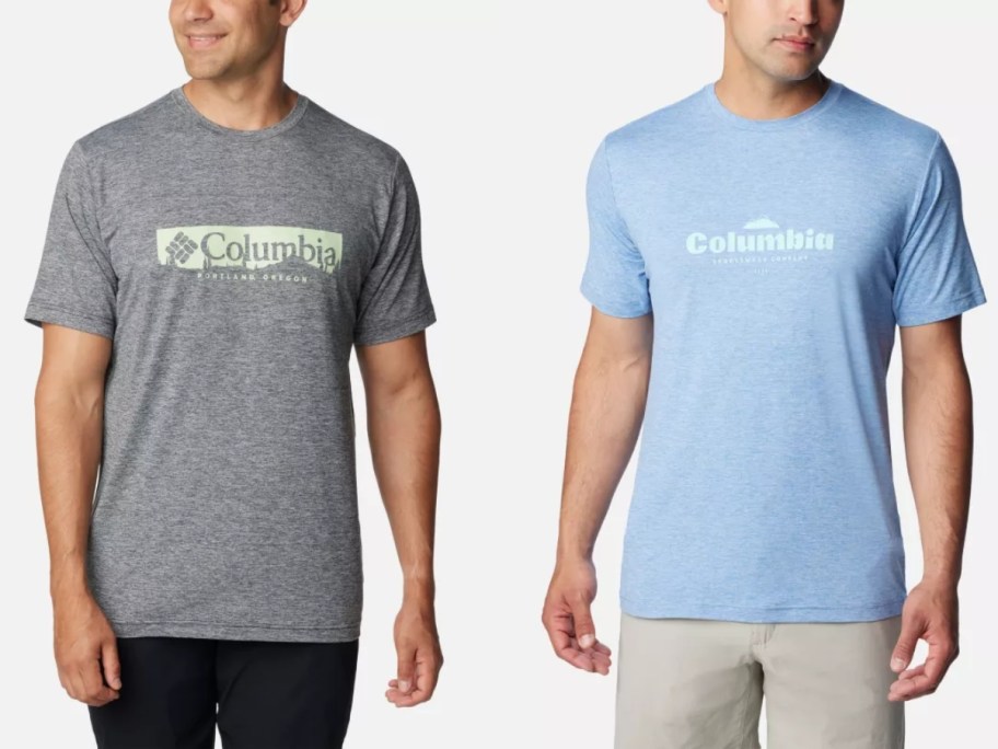 men wearing grey and light blue Columbia logo tees