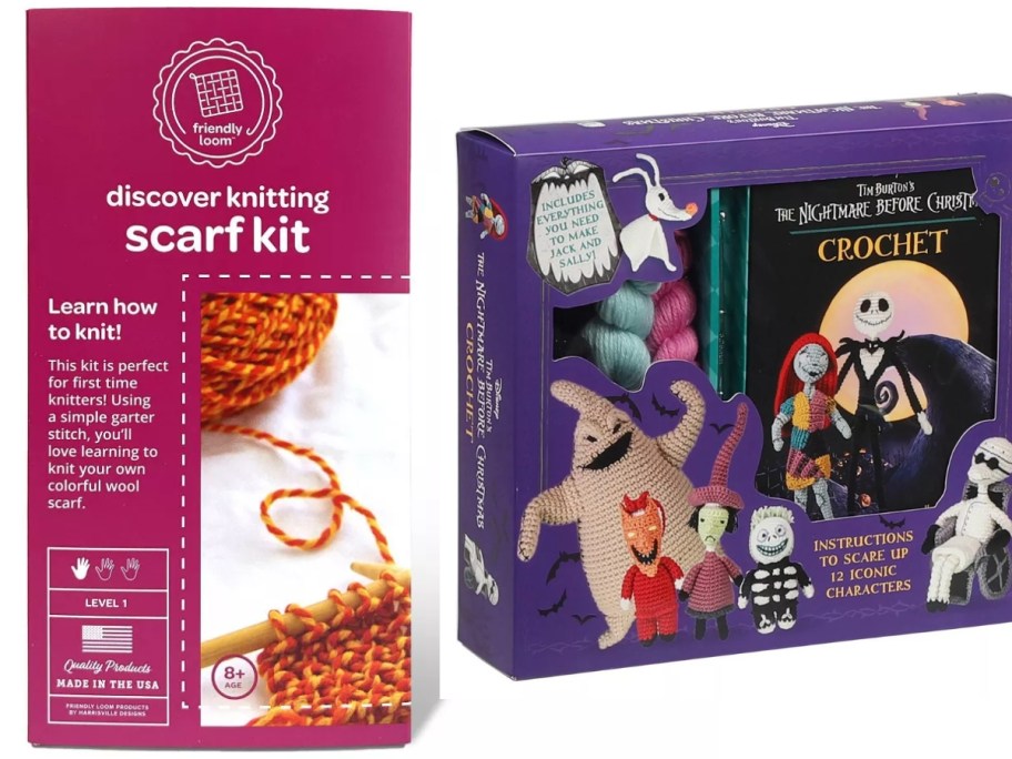 crochet scarf knitting kit and a Nightmare Before Christmas character crochet kit