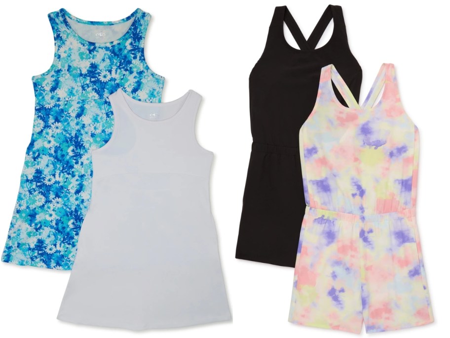 blue tie dye and solid grey girls sleeveless dresses and solid black and white with pink and blue girl's rompers