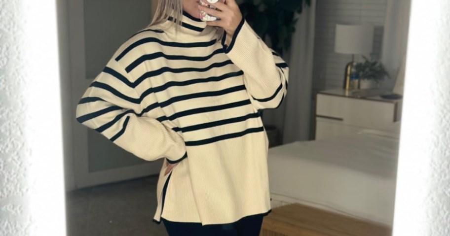 woman wearing ANRABESS Oversized Turtleneck Sweater