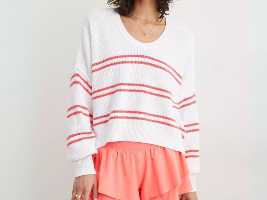 woman wearing Aerie Beyond Cropped Sweater