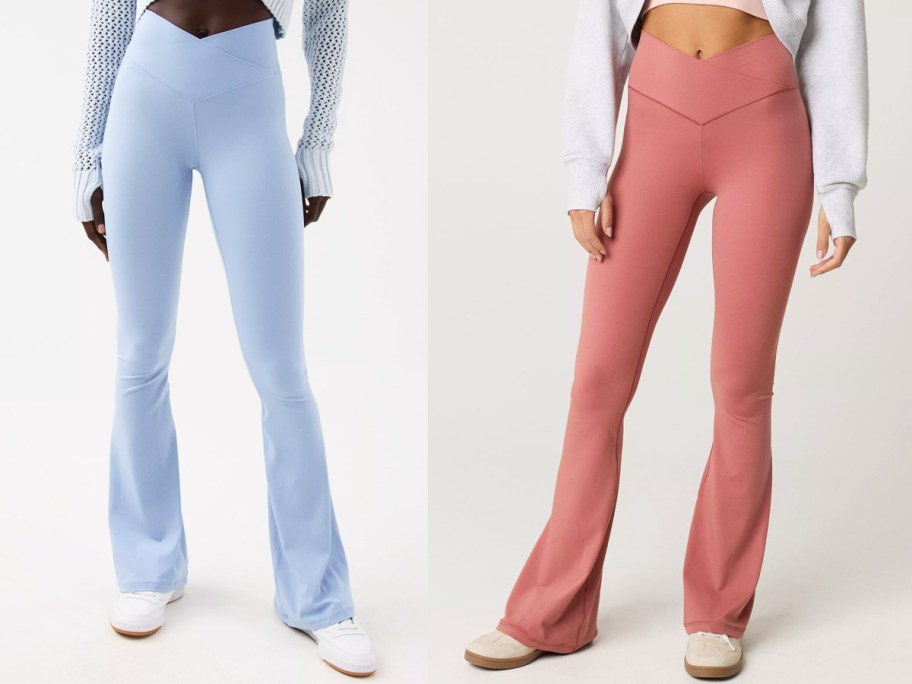 women in light blue and mauve colored flare leggings