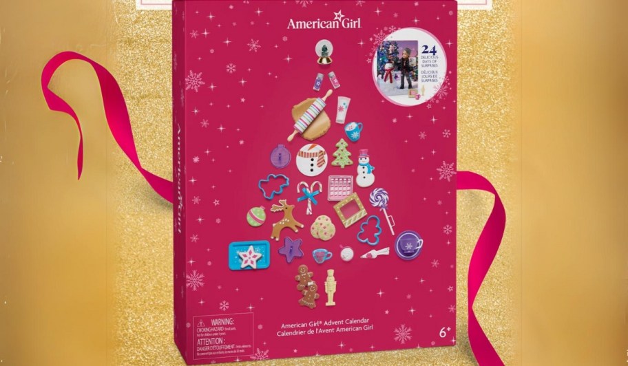 american girl advent calendar box with gold background