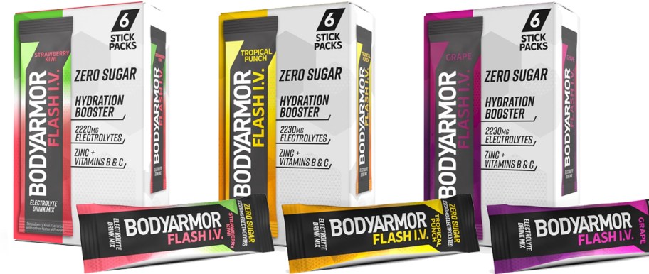 three boxes of BODYARMOR Flash IV Electrolyte Packets