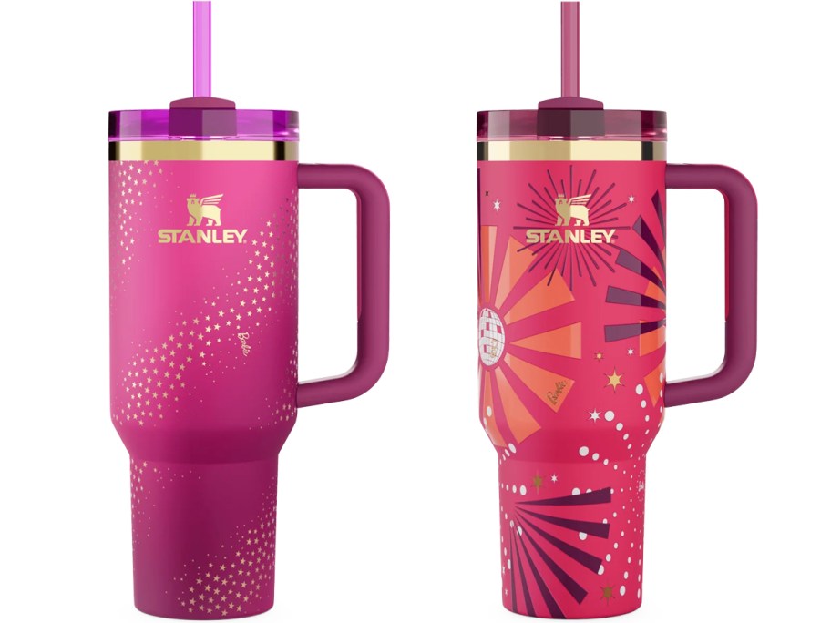 pink and red printed stanley tumblers