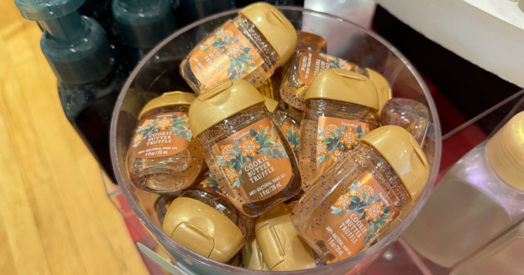 store display of Bath Body Works Cookie Butter Truffle hand sanitizers