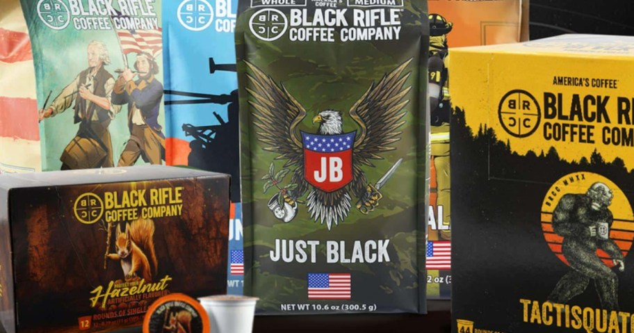 various coffee pod and ground coffee packages from Black Rifle Coffee onlinepany on a table