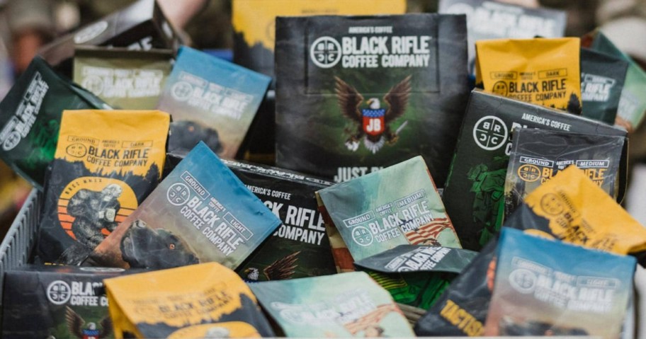 various Black Rifle Coffee onlinepany coffee bags in a bin