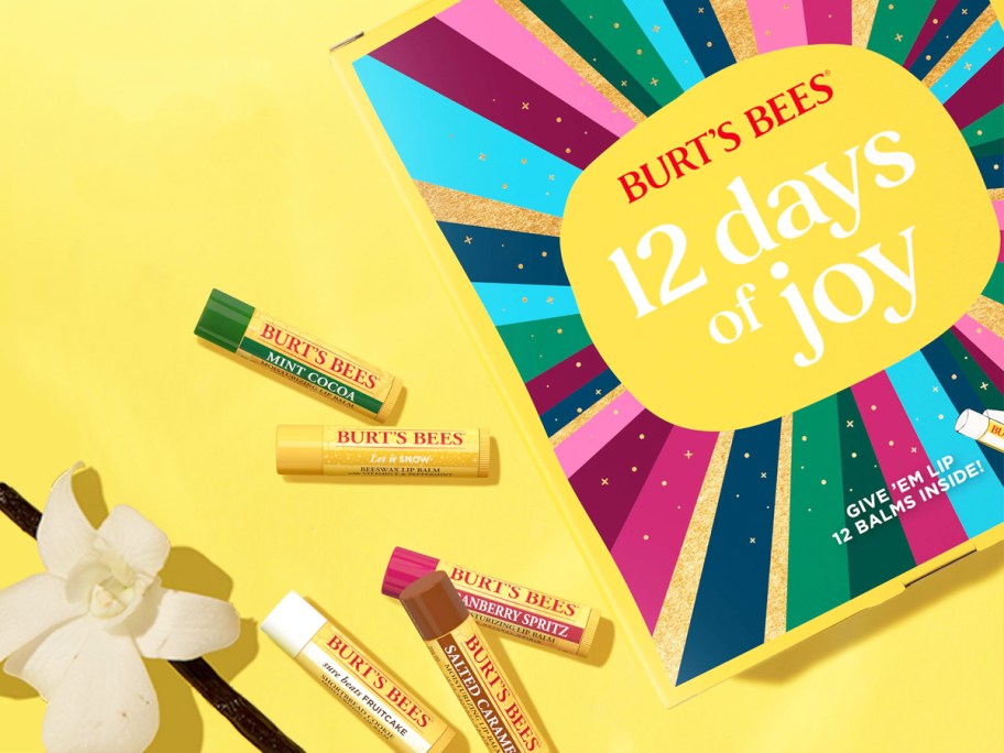 5 tubes of Burt's Bees next to advent calendar box