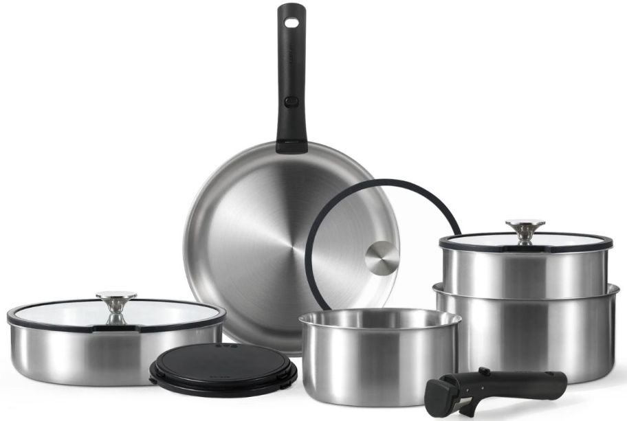 a 12 piece pots and pans set in stainless steel on a white background