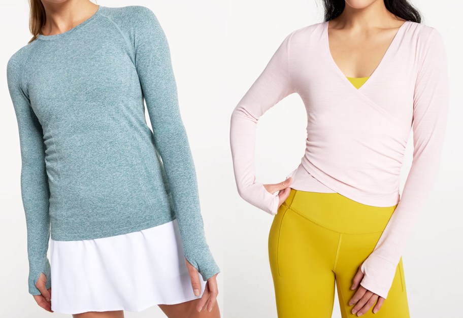 two women in blue and pink long sleeve tops