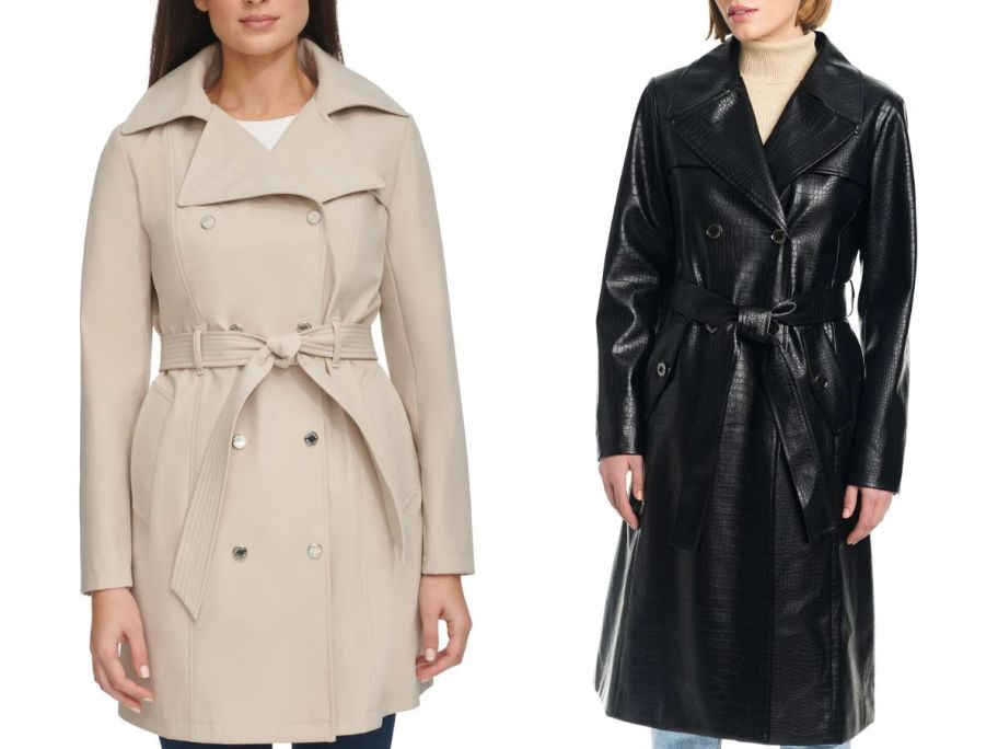 a woman in a khaki trench coat and a woman in a black faux leather trench coat