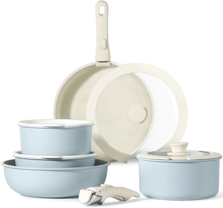 carote blue and white 11 piece cookware set stock image