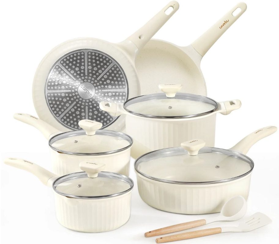 12 piece non stick pots and pans set in white on a white background