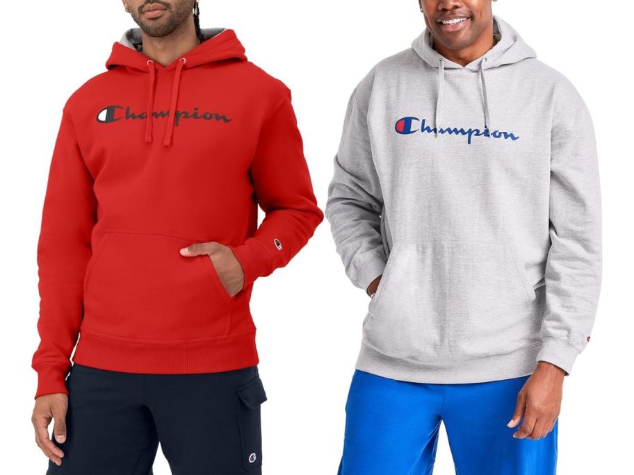 2 men wearing Champion Hoodies