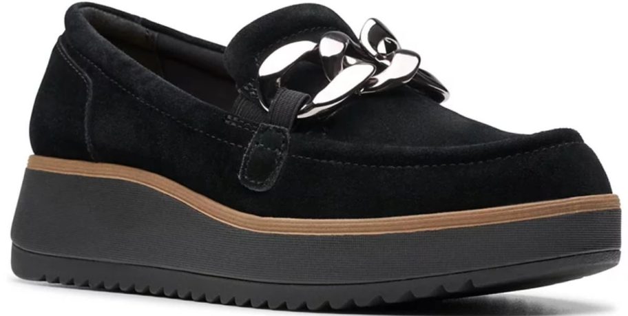 a black suede platform loafer