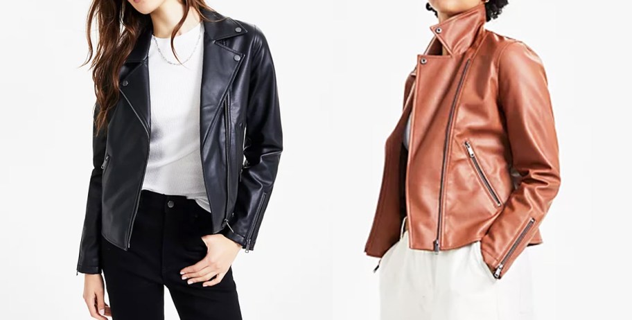 two women in black and brown leather jackets