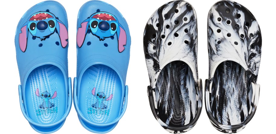 pairs of blue Stitch and black/white marbled crocs clogs