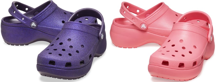 pairs of purple glitter and pink platform crocs clogs