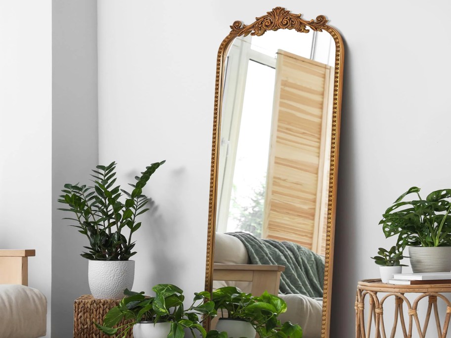 full length mirror with a gold frame leaning against wall