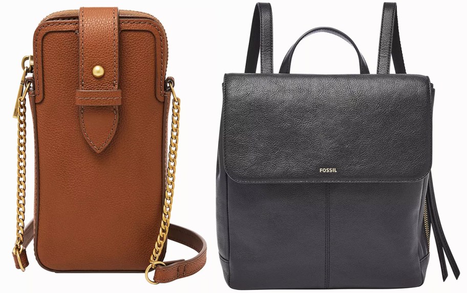 brown leather phone crossbody bag and black backpack