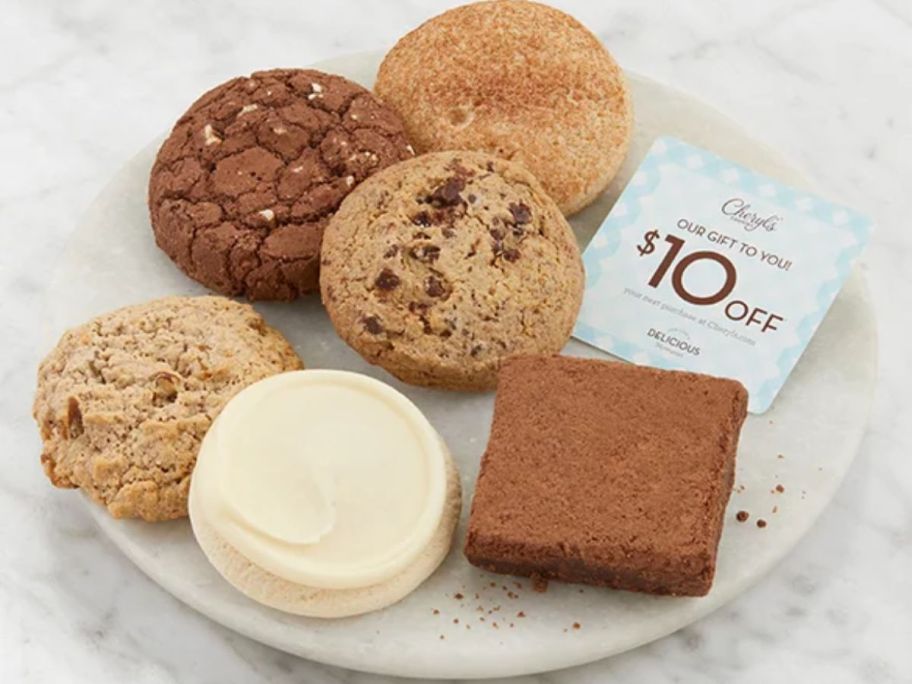 cheryl's cookies gluten free 6 count sampler on a plate with a $10 off discount card