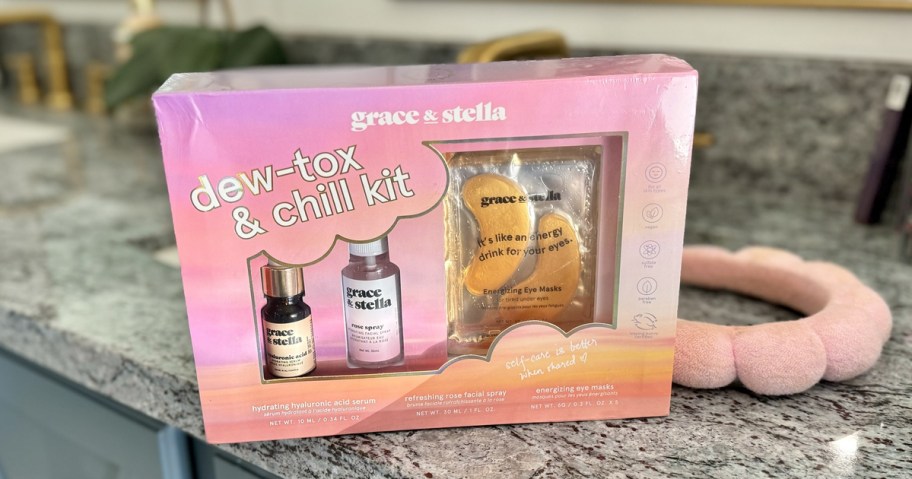 Grace & Stella skincare set on bathroom counter near headband