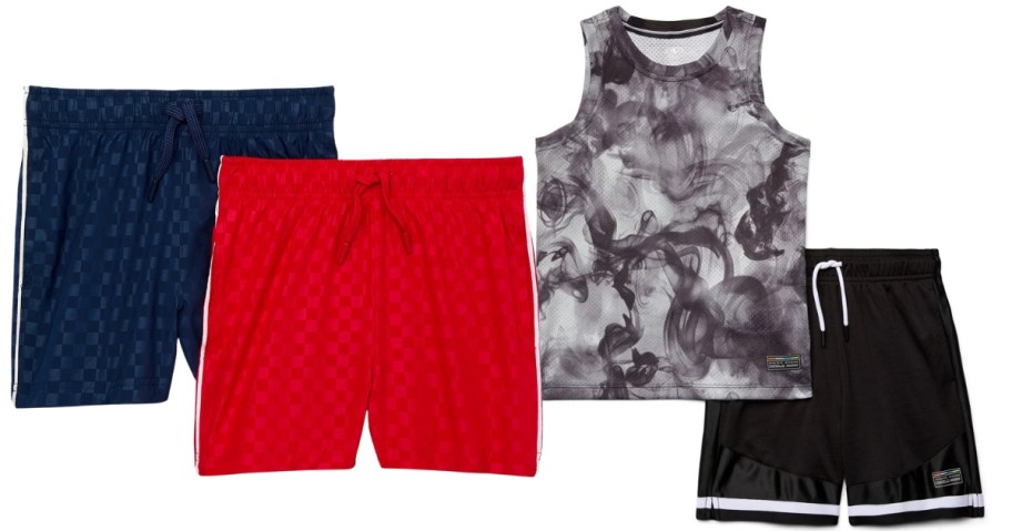 boy's navy and red athletic shorts and black tank and shorts sets and