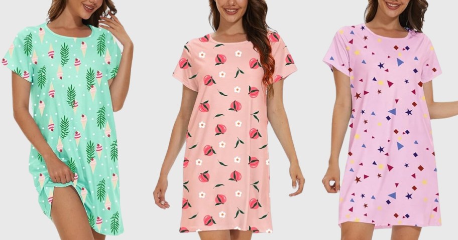 3 women wearing short sleeve nightshirts in different prints and colors