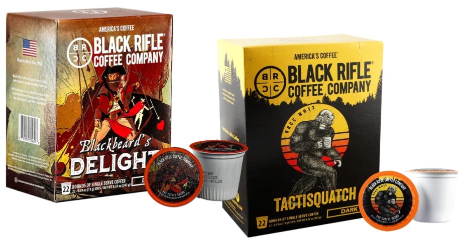 2 boxes of Black Rifle Coffee K-Cups with individual ones in front