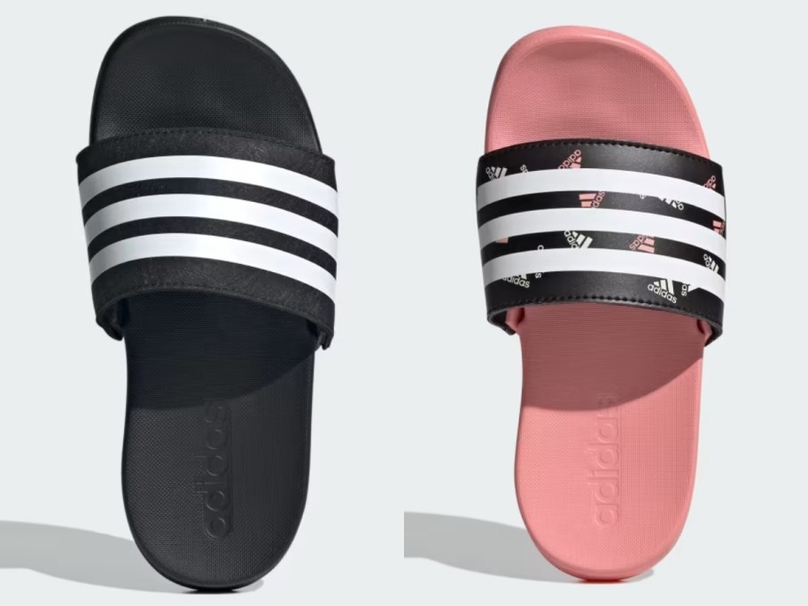 kids black and white adidas slide and kids pink, black, and white adidas slide