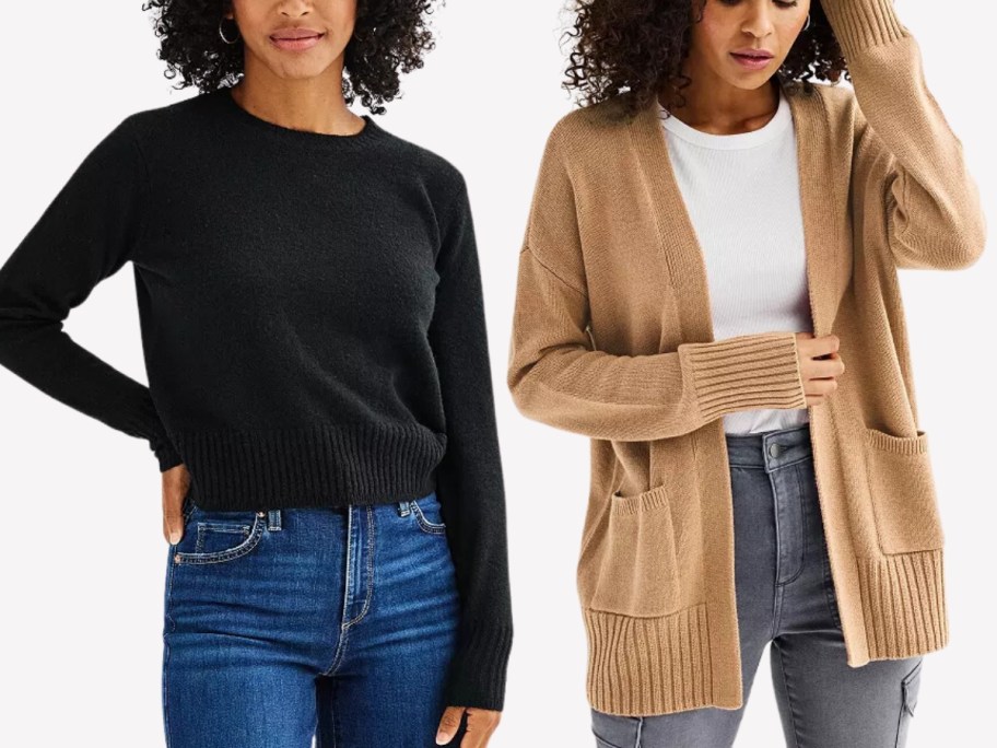 woman wearing a black crewneck sweater and jeans and woman wearing a camel color longer open front cardigan, a white shirt and jeans