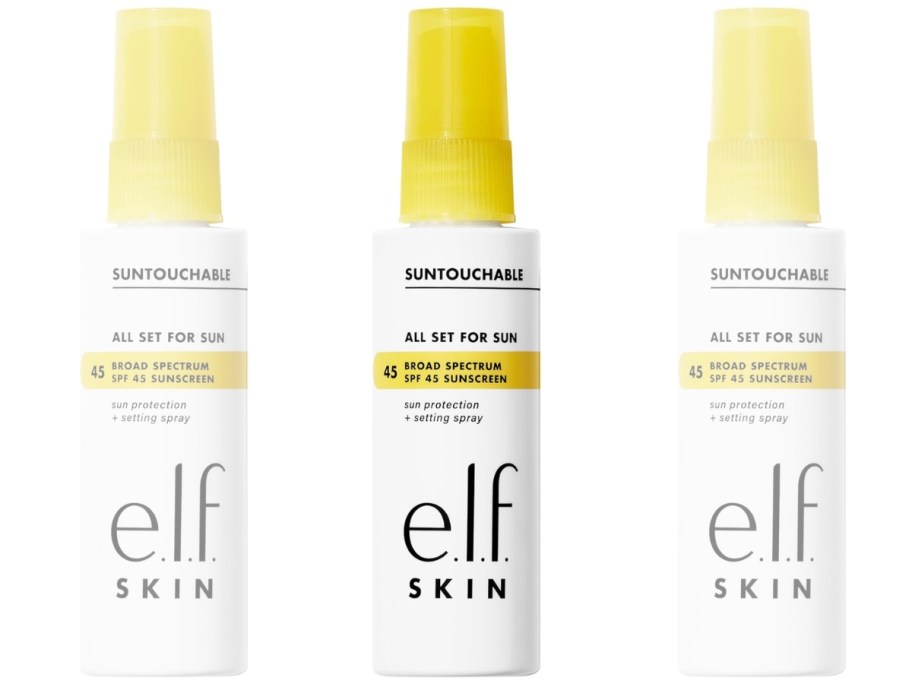 3 white and yellow bottles of e.l.f. SKIN All Set For Sun Spray SPF45, the ones on the outside are slightly treansparent