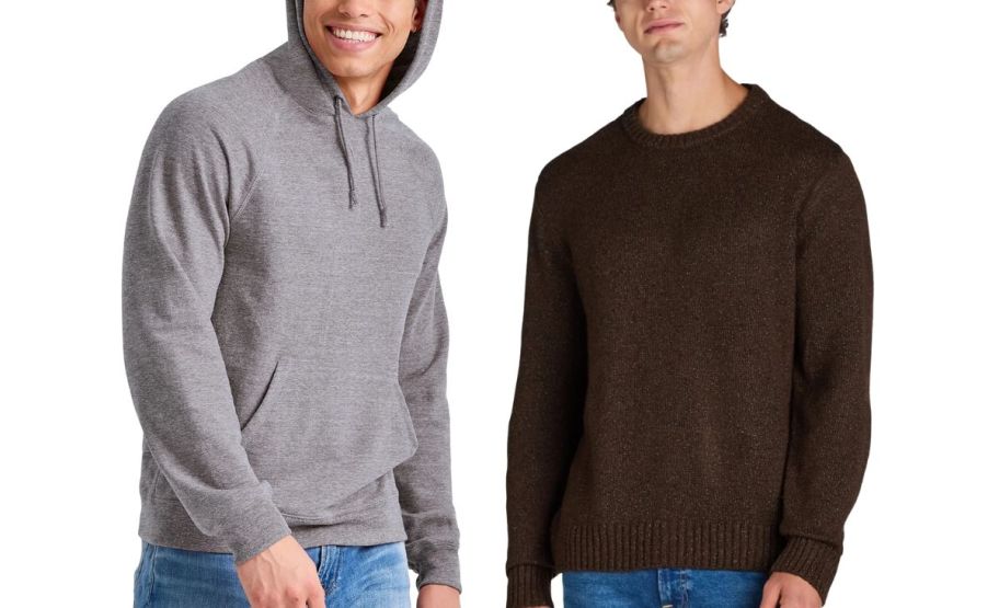 a man in a hoodie and a man in a crew neck sweater