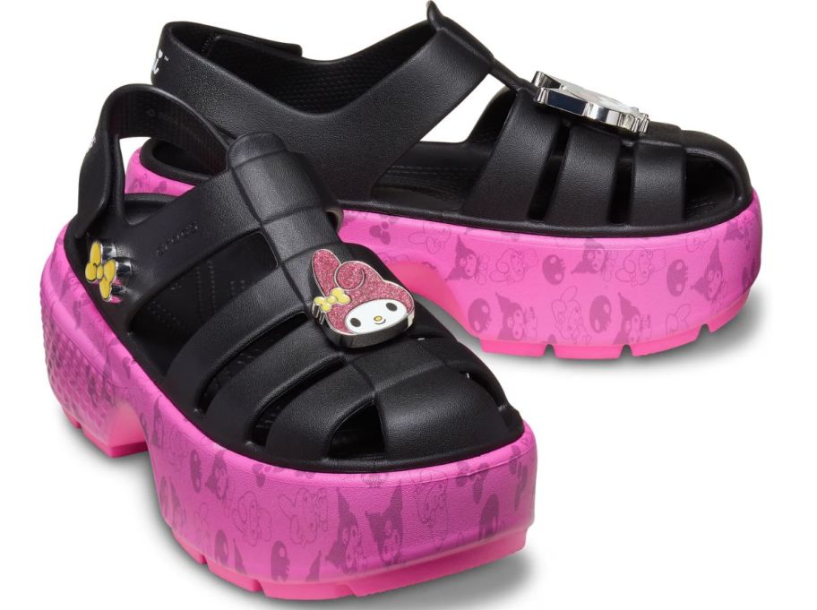 pink and black hello kitty crocs stomp sandals