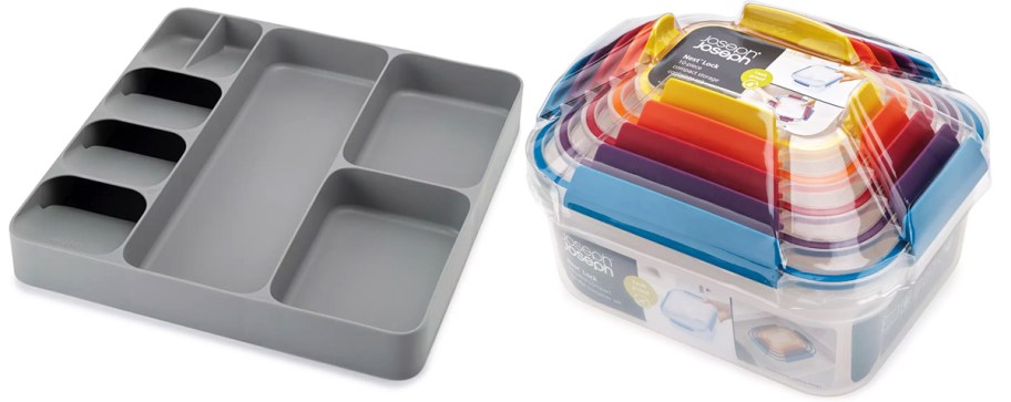 drawer organizer and colorful food storage set