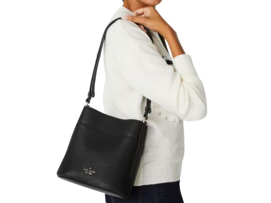 woman wearing Kate Spade Leila Small Bucket Bag