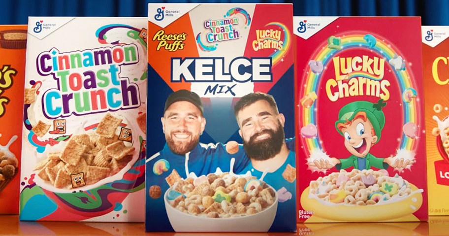 multiple boxes of General Mills cereal with Kelce Mix box in front