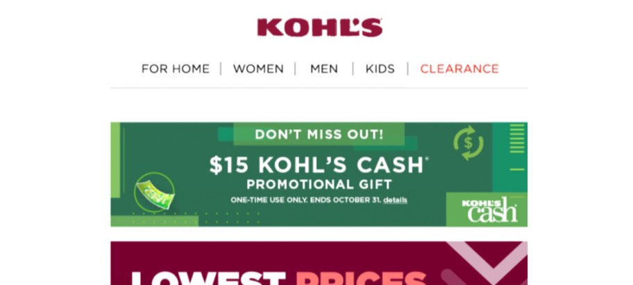 kohl's email with free kohl's cash