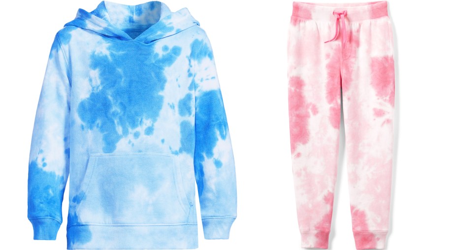 blue tie dye hoodie and pink tie dye joggers