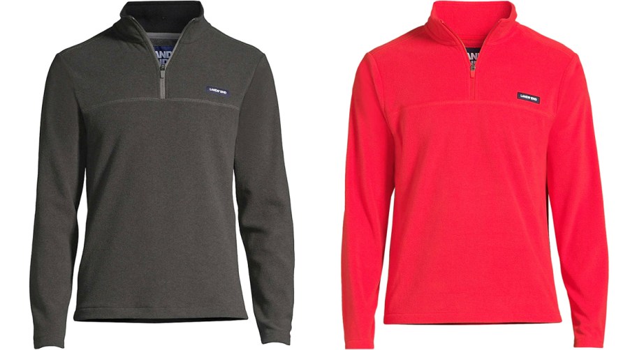 grey and red fleece pullovers