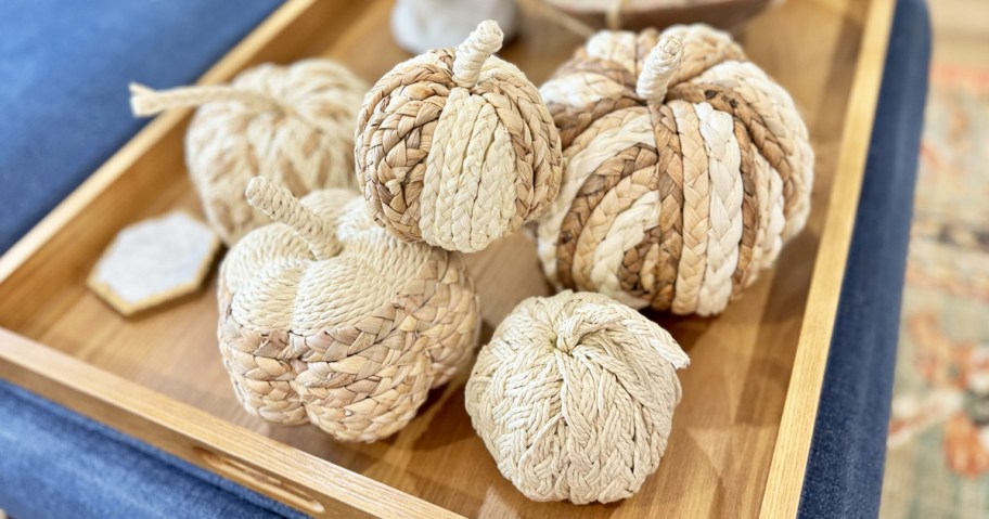 set of rattan pumpkins on coffee table