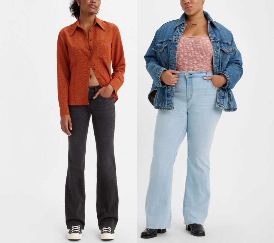 two female models wearing bootcut jeans