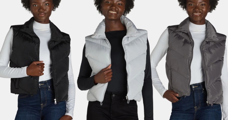 woman wearing liv & lottie cropped puffer vest from walmart in 3 colors