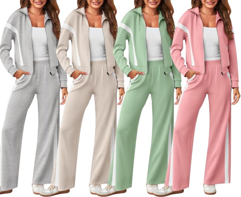 4 models wearing a 2 piece track suit set in 4 different colors