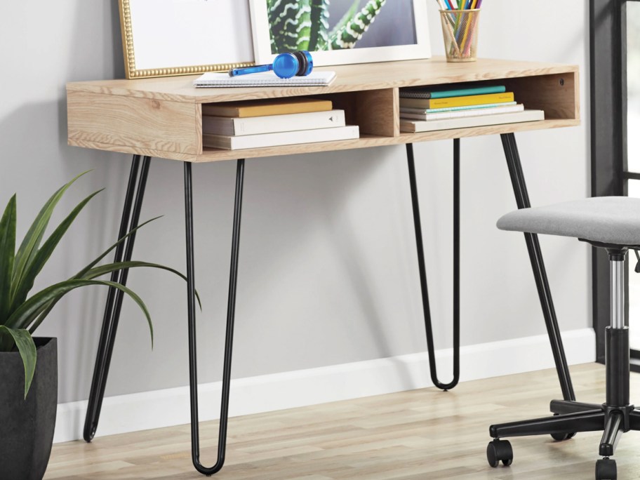 wood writing desk with black hairpin legs