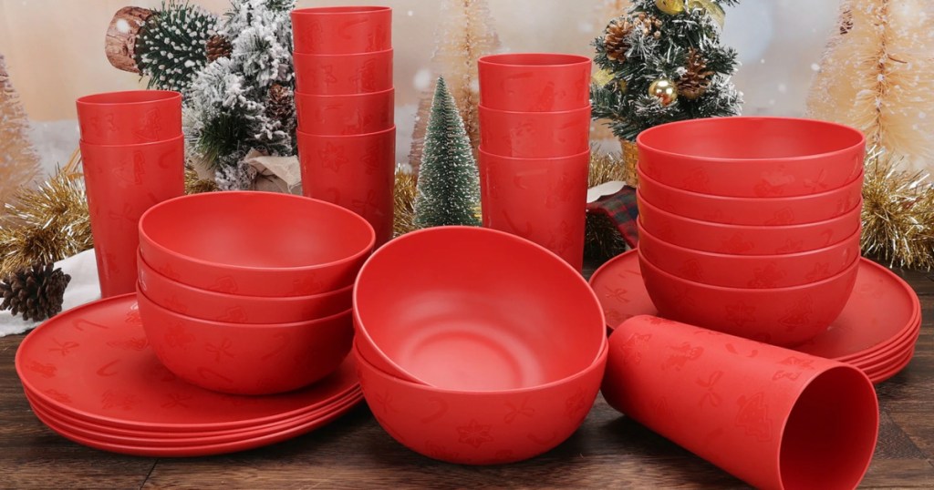 red holiday dinnerware collection on tabletop