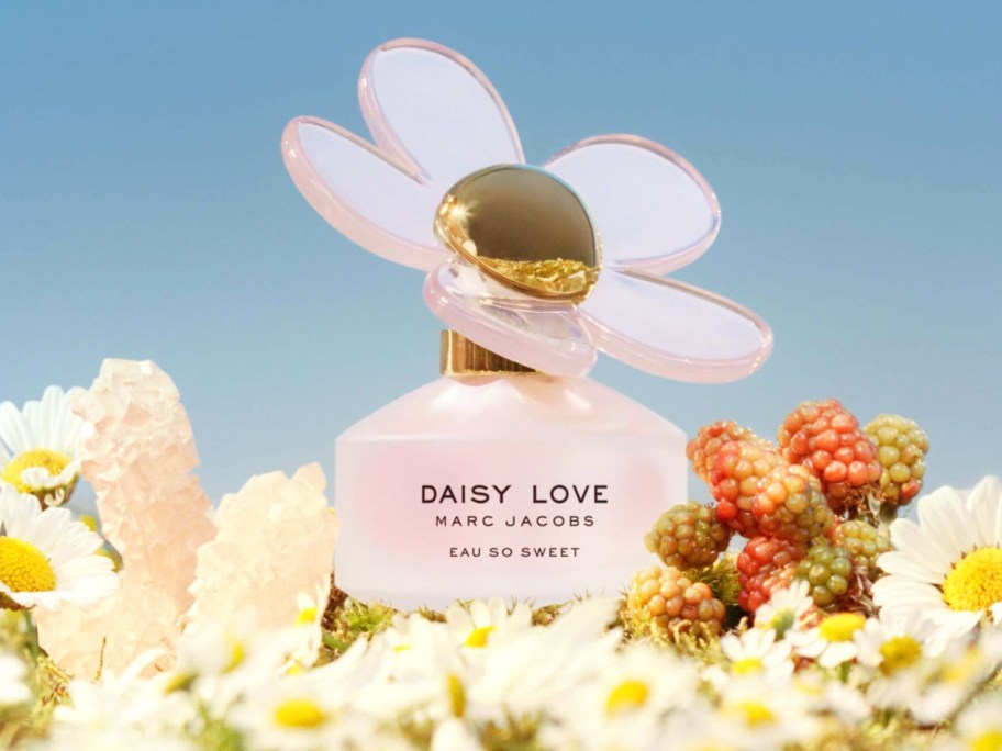 pink bottle of Marc Jacobs Daisy Love Eau So Sweet in field of flowers