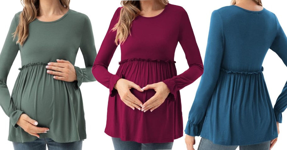 Stock images of a DDLUYY Maternity Shirt in 3 colors